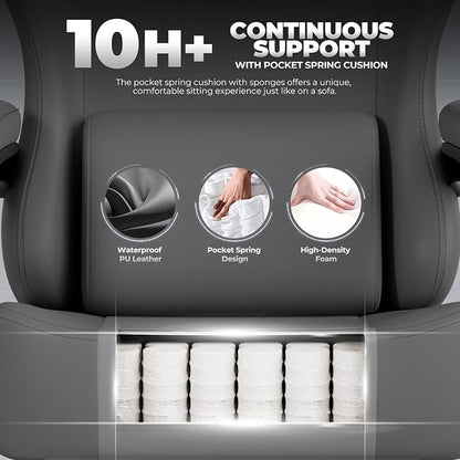 GTPLAYER Big and Tall Gaming Chair 400lbs Heavy Duty Office Chair with Footrest, High Back Pocket Spring Ergonomic Computer Chair for Adults, Wide Seated Cushion with Linkage Armrests, Leather Grey