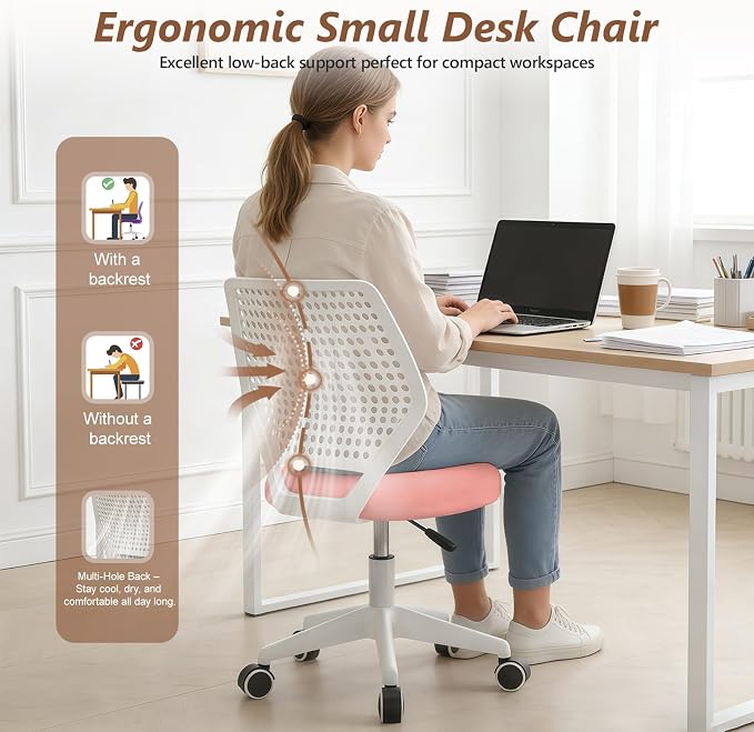 Small Office Chair with Wheels, Armless Desk Chair Height Adjustable Swivel Rolling Task Chair Breathable Mesh Ergonomic Computer Work Chair for Adult, Pink