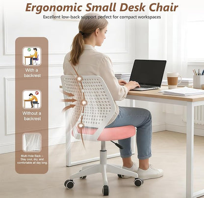 Small Office Chair with Wheels, Armless Desk Chair Height Adjustable Swivel Rolling Task Chair Breathable Mesh Ergonomic Computer Work Chair for Adult, Pink