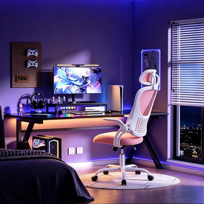 Ergonomic Office Chair, Comfy Desk Chair with Wheels, Adjustable Headrests, Flip-Up Armrests, Breathable Mesh High-Back, Comfortable Swivel Seating for Home Computer, Pink