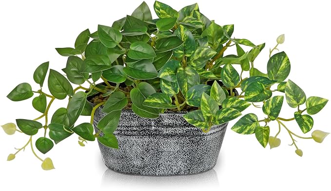 Artificial Plants Indoor 5.9" Faux Plant in Metal Pot, Small Fake Potted Plants with 2 Mixed Leaves Greenery Silk Plant for Living Room Desk Office Table Kitchen Farmhouse Shelf Home Vintage Decor