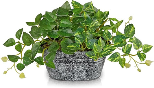 Artificial Plants Indoor 5.9" Faux Plant in Metal Pot, Small Fake Potted Plants with 2 Mixed Leaves Greenery Silk Plant for Living Room Desk Office Table Kitchen Farmhouse Shelf Home Vintage Decor