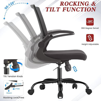 Mesh Office Chair with Flip-Up Armrests – Standard Issue Office Chair, Swivel Rolling Desk & Work Chair with Lumbar Support, Ergonomic Computer Chair for Home Office, Corporate Office, Black