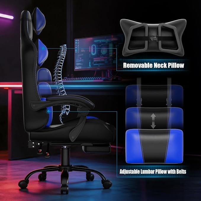 Czlolo Gaming Chair, 2026 Upgraded RGB LED Lights Computer Chair with Footrest, Lumbar Support Massager Gamer Chair, High Back, 90-135° Reclining, Linkage Armrests, Blue