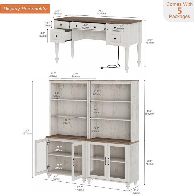 WAMPAT Home Office Furniture Set, 56" Executive Desk with Charging Station, 72" Tall Bookcase with 4 Glass Doors, Wood Computer Desk with File Cabinet Storage, Open Shelf, Rustic White