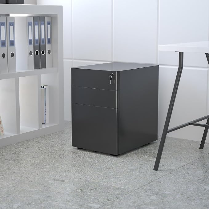 Flash Furniture Warner Modern 3-Drawer Mobile Locking Filing Cabinet with Anti-Tilt Mechanism and Hanging Drawer for Legal & Letter Files, Black