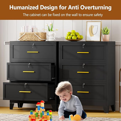 Metal Lateral File Cabinet with Lock,3 Drawer Steel Wide Filing Organization Storage Cabinets for Legal/Letter/A4/F4 Size with Hanging Files&Key,Lockable Printer Stand for Home Office, Black
