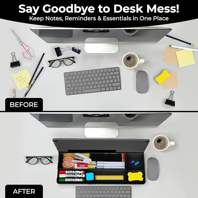 Chalkola Black Glass Desktop Whiteboard with Storage - Dry Erase Board, Work Desk Organizers, Computer Keyboard Stand, Home Office Desk Accessories, Workspace Desktop Buddy + 3 Markers