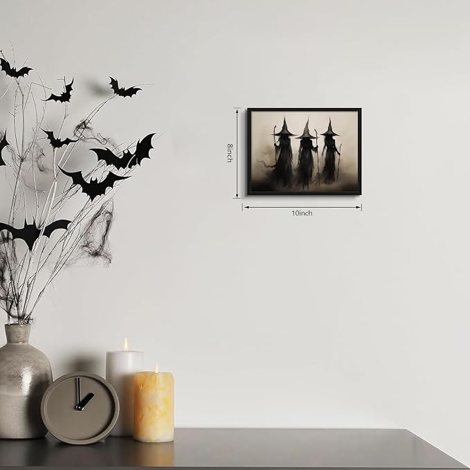 Framed Vintage Witch Canvas Wall Art - Halloween Witchy Wall Decor - Gothic Decor Aesthetics, Creepy Three Witches Rustic Macabre Dark Artwork Prints for Living Room Bedroom 8x10 inch