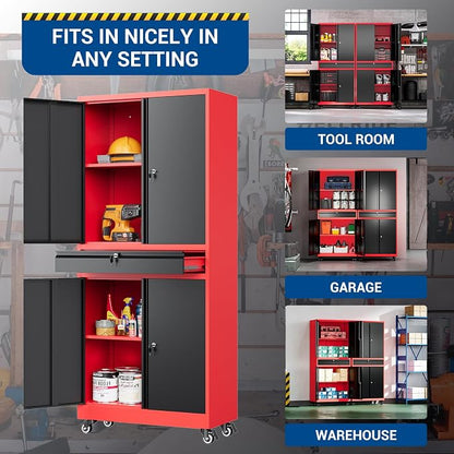 Fesbos 73" Metal Cabinet-Black & Red Heavy Duty Rolling Storage Cabinet Steel Tool Cabinets with Wheels, Shelves, Lockable Doors and Drawers- for Garage, Warehouse Home Office- Assembly Required
