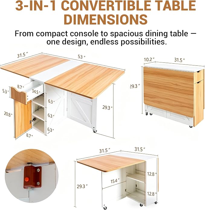 53“ Folding Dining Table Space Saving Foldable Dining Table with Drawer, Shelves and Wine Racks, Drop Leaf Table for Small Spaces, Extendable Folding Kitchen Table with Lockable Wheels