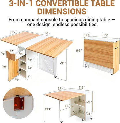 53“ Folding Dining Table Space Saving Foldable Dining Table with Drawer, Shelves and Wine Racks, Drop Leaf Table for Small Spaces, Extendable Folding Kitchen Table with Lockable Wheels