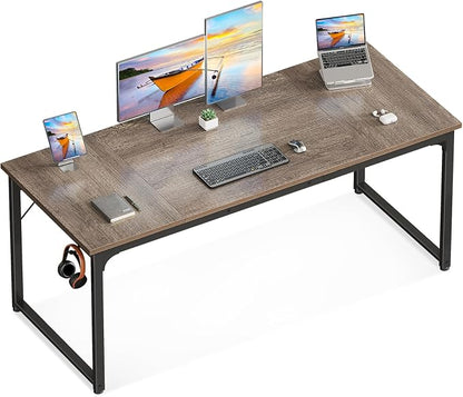 Casaottima 63 Inch Computer Desk for Home Office, Study Writing Table for Small Spaces, Simple Modern Desk with Headphone Hooks, Grey Oak