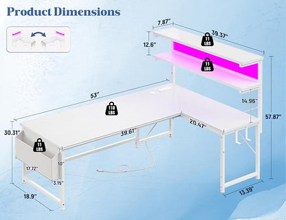 DurayLoly 53 Inch L Shaped Desk Computer Desk with LED Light & 5 Power Outlet, Reversible White Desk with Shelf & Storage Bag & Hook White Vanity Desk for Home Office, White