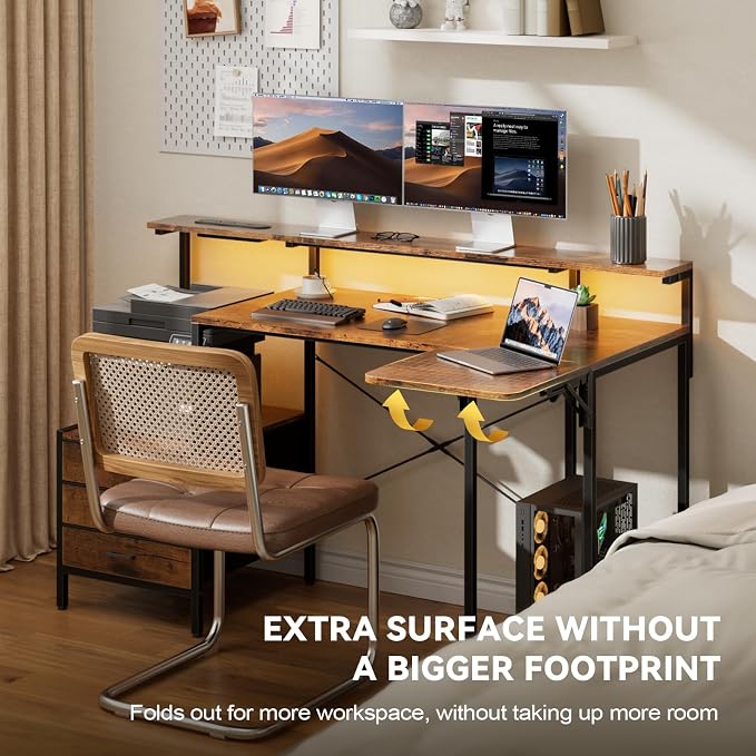 HLDIRECT 55 Inch Computer Desk for Home Office, Gaming Computer Desk with Printer Shelf, Storage Drawers, Power Outlets, Monitor Stand & LED Strip, Foldable L Shaped Gaming Table (Rustic Brown)