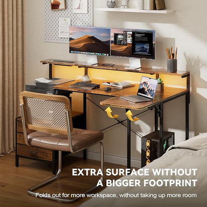 HLDIRECT 55 Inch Computer Desk for Home Office, Gaming Computer Desk with Printer Shelf, Storage Drawers, Power Outlets, Monitor Stand & LED Strip, Foldable L Shaped Gaming Table (Rustic Brown)