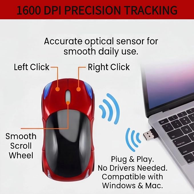 Red Wireless Car Mouse, 2.4G with USB Receiver, 1600DPI Optical, Cute Mini Computer Mouse, for Laptop, PC, Tablet, Windows, Mac OS