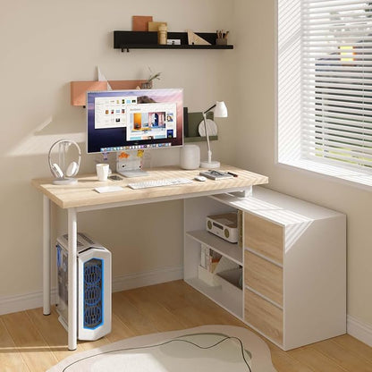 Bobve L Shaped Computer Desk, 47 Inch Home Office Desk with File Drawers & Storage Shelves, Small Corner Computer Desk for Small Space (White + Walnut)