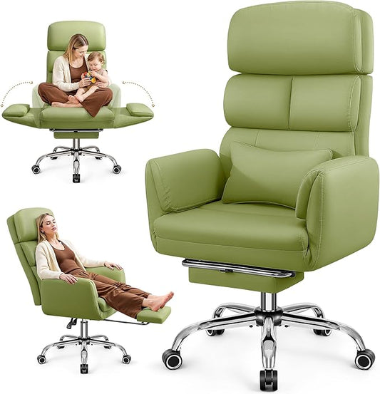 Big and Tall Office Chair 500LBS, Ergonomic High Back Leather Executive Chair, Reclining Swivel with Adjustable Armrests Lumbar Support Footrest, Cross Legged, Green