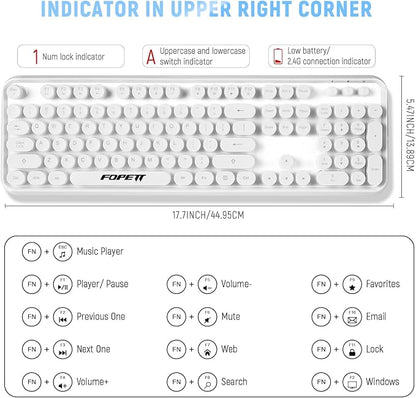 FOPETT Wireless Keyboard and Mouse Combo - 2.4G Full-Sized White Keyboard with Round Keycaps 104 Keys Typewriter Keyboard for Laptop/Windows/PC - White