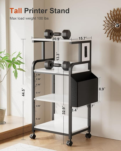 Tall Printer Stand with Charging Station, 4-Tier Mobile Cart, White | Adjustable Shelf for Home Office,Fits 3D Printer Shredder Scanner Fax