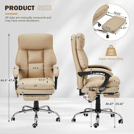 HOMREST Ergonomic Office Chair, Khaki | 6-Point Massage & Heating, Adjustable Executive Design, Retractable Footrest, Dual-Layer Soft Cushion, PU Leather