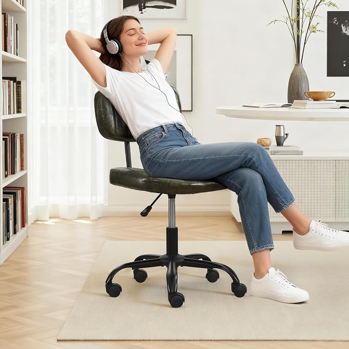 DRMBOOK Small Home Office Desk Chair with Wheels, Armless Comfy Vanity Chair Swivel Computer Task Chair No Arms, Modern Height Adjustable Low Back Rolling Chair for Small Space (PU Leather Green)