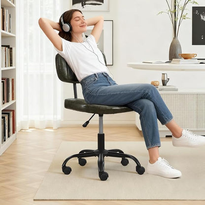 DRMBOOK Small Home Office Desk Chair with Wheels, Armless Comfy Vanity Chair Swivel Computer Task Chair No Arms, Modern Height Adjustable Low Back Rolling Chair for Small Space (PU Leather Green)