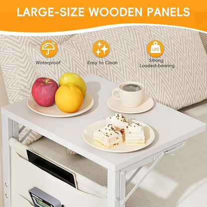 Folding TV Tray Table, 28.8" Tall C-Shaped Side Table for Couch and Bed, Slide Under Sofa Side Desk with Storage Bag - Sturdy Metal Frame Tray for Living Room, Bedroom, Home & Office (White)