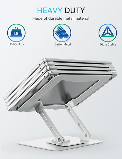 SOUNDANCE 360 Rotating Laptop Stand, Ergonomic Computer Riser for Desk, Adjustable Height Multi-Angle Metal Holder, Foldable Portable Notebook Elevating Base for Office & Home, White