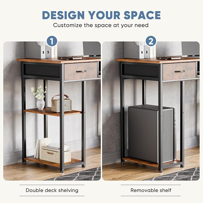 DUMOS 48" Small Computer Home Office Desk for Bedroom with Drawers, Gaming Writing Study Table with Storage Shelf, Adjustable Feet, Metal Frame Natural Brown