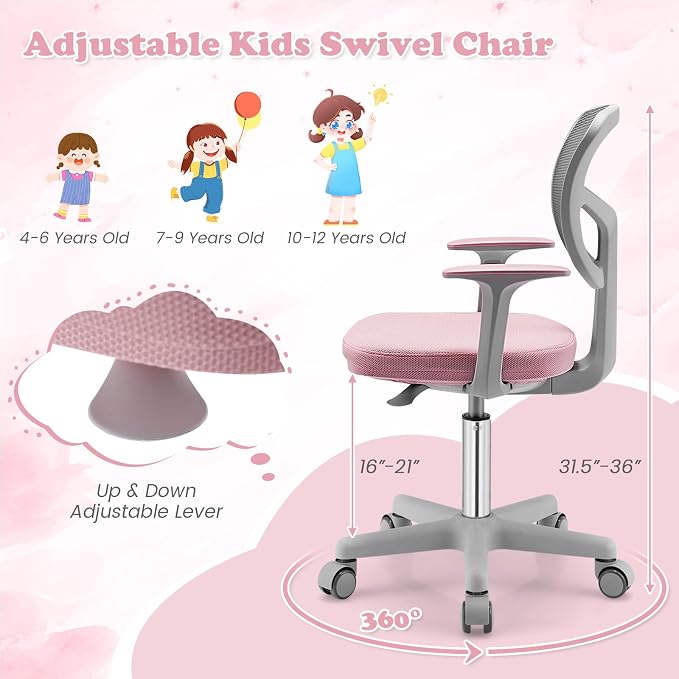 Giantex Kids Desk Chair, Ergonomic Adjustable Teen Task Chair w/Y-Shaped Lumbar Support, Armrest & Universal Wheels, Mesh Kid Office Chair for Sturdy, Kids Computer Chair for Boys & Girls 4-12, Pink