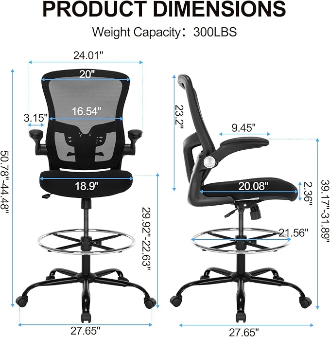 Drafting Chair, Ergonomic Tall Office Chair with Lumbar Support Standing Desk Stool with Flip-up Armrests Comfy High Office Desk Chair with Adjustable Foot Ring for Counter Height Desk, Black