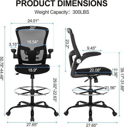 Drafting Chair, Ergonomic Tall Office Chair with Lumbar Support Standing Desk Stool with Flip-up Armrests Comfy High Office Desk Chair with Adjustable Foot Ring for Counter Height Desk, Black