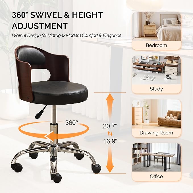 VINGLI Armless Home Office Desk Chair, Adjustable Swivel Chair,Dual-Use with/no Wheels,Small Retro Designed Walnut Curved Task Chair,Cushioned Nail Tech Chair for Study Area,Workspace,PU,Black