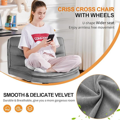 COMHOMA Cross Legged Office Chair with Wheels Armless-Office Desk Chair, Modern Vanity Computer Task Chairs for Home Bedroom, Comfortable Wide Seat for Lower Back Pain Relief, Soft Velvet, Gray