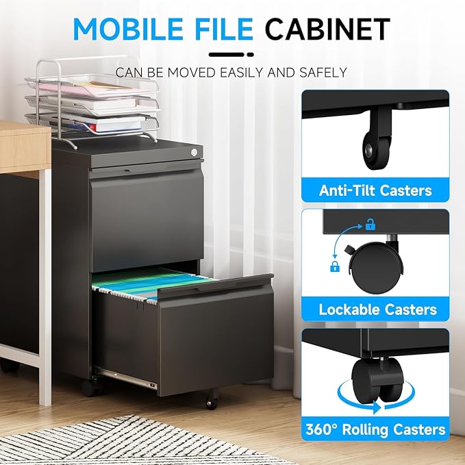 2 Drawer Mobile File Cabinet with Lock, Metal Filing Cabinet, Under Desk Rolling Small Filing Cabinet with Wheels for Home Office Storage, Fits Legal/A4/Letter/Document Size, Required Assembly, Black