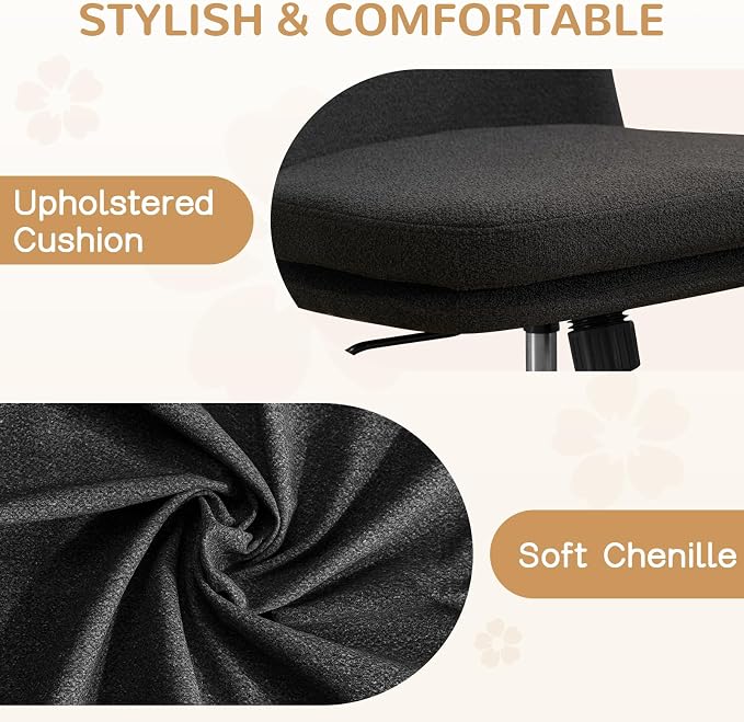 Furniliving Armless Office Chair, Upholstered Chenille Desk Chair with Wheels, Adjustable Swivel Computer Vanity Chair with Double-Layer Cushion, Black