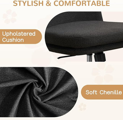 Furniliving Armless Office Chair, Upholstered Chenille Desk Chair with Wheels, Adjustable Swivel Computer Vanity Chair with Double-Layer Cushion, Black