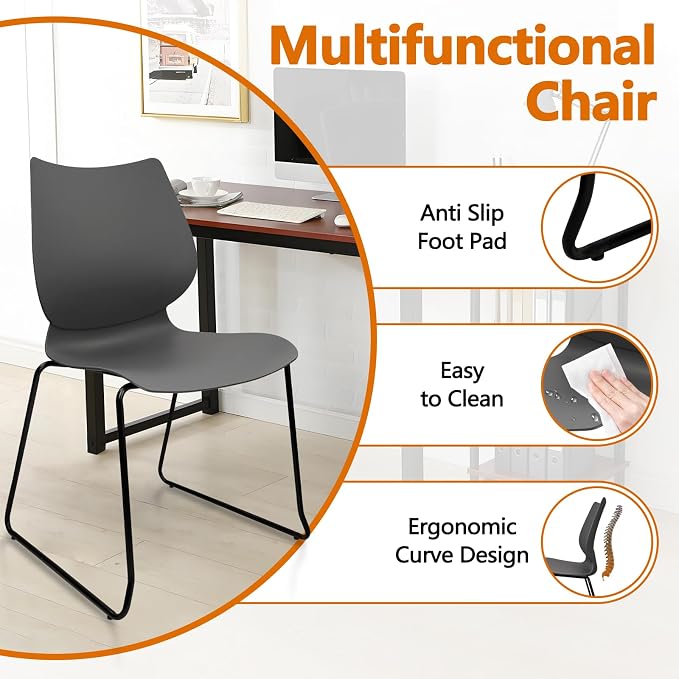 KLASIKA Stacking Waiting Room Chairs, Stacked Plastic Office Chair with Ergonomic Lumbar Support and Metal Legs for Conference School Church Guest Reception Set of 8, Grey
