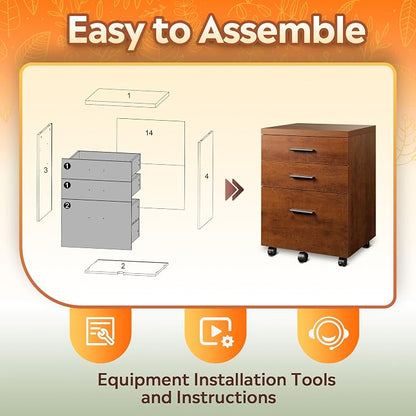 DEVAISE 3 Drawer File Cabinet for Home Office, Wood Under Desk Filing Cabinet, Rolling Printer Stand with Wheels, Walnut