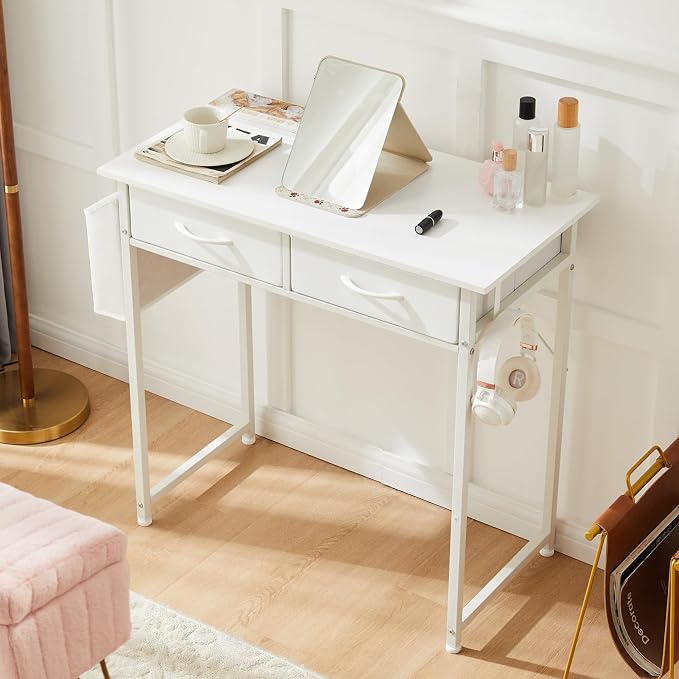 OLIXIS 32 Inch Small Desk with Fabric Drawers for Home Office, Gaming Computer Desk with Side Bag & Headphone Hook, Writing Study Work Table for Bedroom Small Space, Natural White