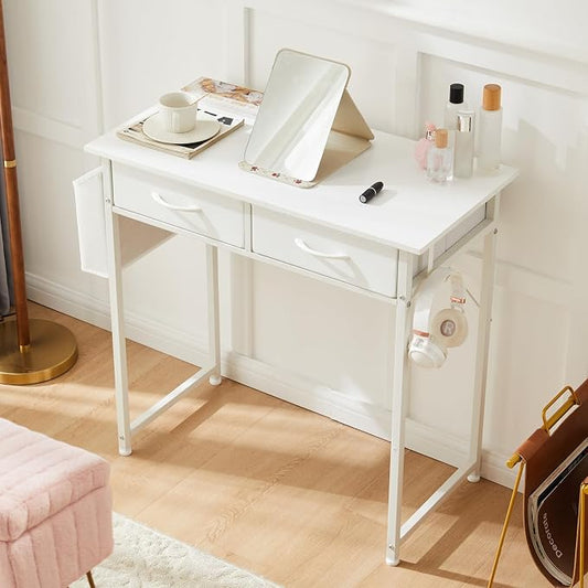 OLIXIS 32 Inch Small Desk with Fabric Drawers for Home Office, Gaming Computer Desk with Side Bag & Headphone Hook, Writing Study Work Table for Bedroom Small Space, Natural White