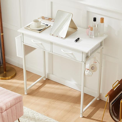 32" Small Gaming Desk with Drawers, Home Office Computer Writing Study Table with Storage Side Bag, Headphone Hook, and Adjustable Feet for Bedroom, White