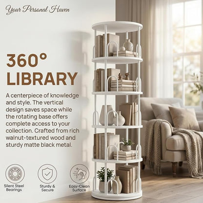 5 Tier Rotating Bookshelf, Corner Wooden, Metal Skinny Bookshelf for Toy Lego Dispaly Book Shelf Room Storage Organizer Furniture White Tall Bookcase for Bedroom Living Room Office Kitchen Shelf
