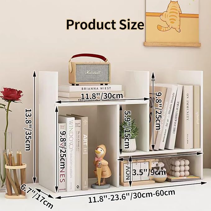 Desktop Shelf Organizer, Adjustable Wood Office Storage Rack, Counter Display Small Bookshelf for Home/Office/School(White)