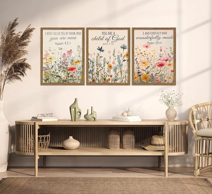 MLKZNOI 3Pcs Christian Floral Scripture Posters Wall Art, Wildflower Bible Verse Canvas Wall Decor, Psalm Religious Faith Art Pictures Prints for Living Room Bedroom Decorations 16x24in Unframed