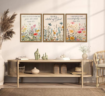MLKZNOI 3Pcs Christian Floral Scripture Posters Wall Art, Wildflower Bible Verse Canvas Wall Decor, Psalm Religious Faith Art Pictures Prints for Living Room Bedroom Decorations 16x24in Unframed