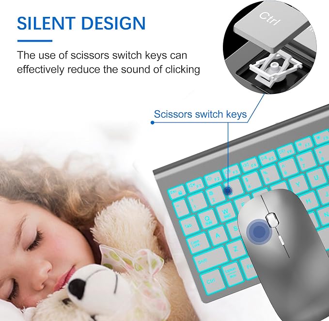Wireless Backlit Keyboard and Mouse Ultra Slim Combo, TopMate 2.4G Silent Compact 2400DPI Mouse and Scissor Switch Keyboard Set, Batteries Included, for PC/Laptop/Windows/Mac/Gaming - BL Gray Silver