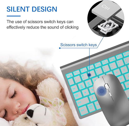 Wireless Backlit Keyboard and Mouse Ultra Slim Combo, TopMate 2.4G Silent Compact 2400DPI Mouse and Scissor Switch Keyboard Set, Batteries Included, for PC/Laptop/Windows/Mac/Gaming - BL Gray Silver